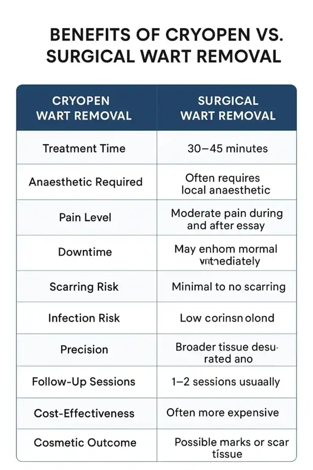 Table showing the benefits of cryopen to remove warts Hanwell compared to surgical treatment
